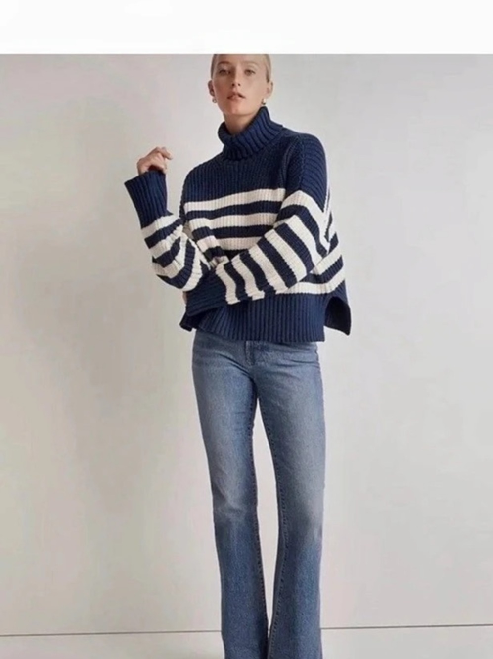 Madewell Wide Rib Turtleneck Sweater Blue & White Medium